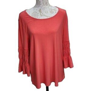 Cato Peplum Top 3/4 Bell Sleeve Coral Stretchy Women's Large